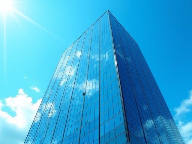 Modern office building with a clear sky, symbolizing transparency and professionalism.
